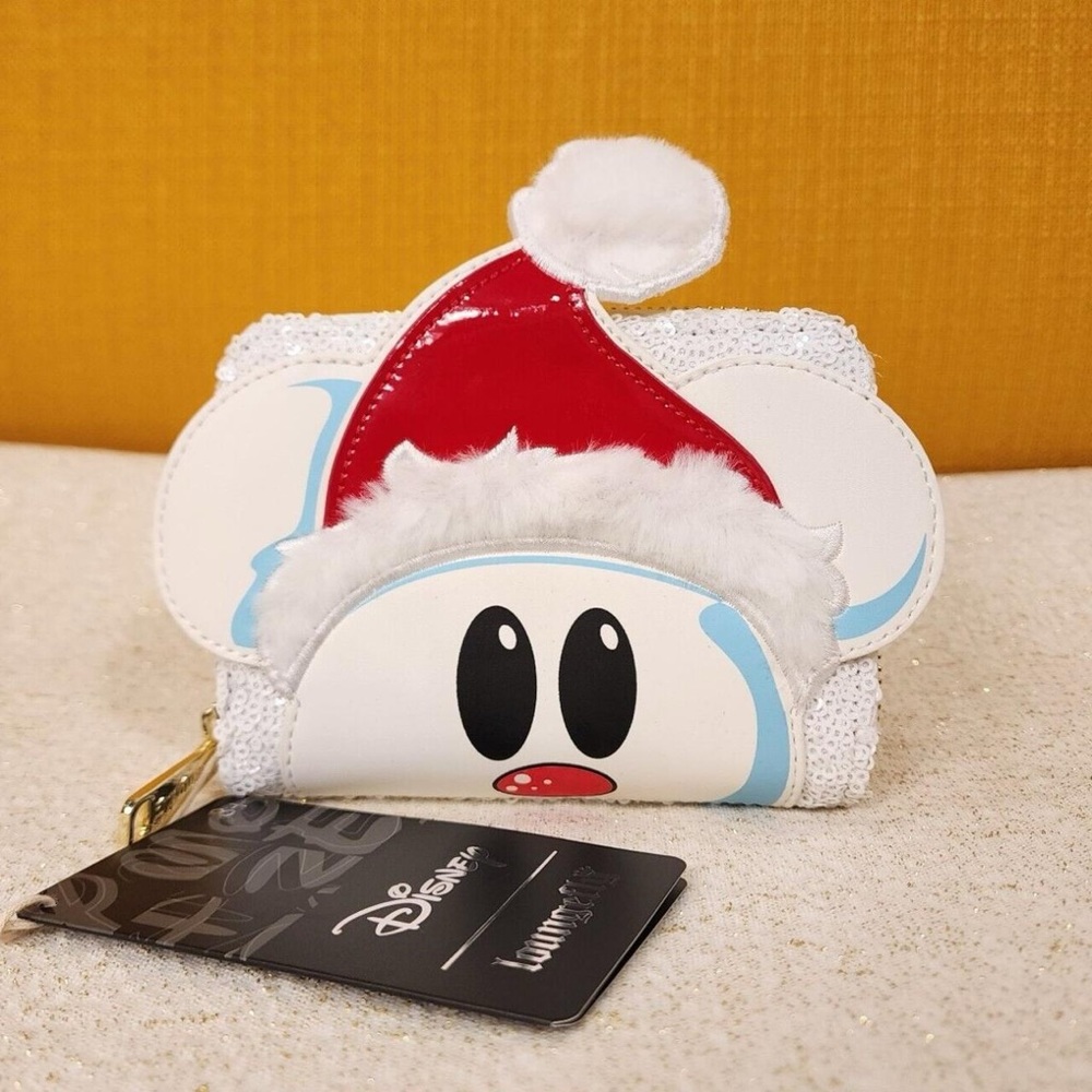 LOUNGEFLY women’s Disney Mickey Mouse Snowman Sequin Santa Zip Around Wallet